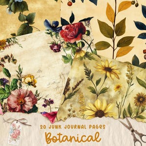 Vintage Botanical Junk Journal Kit, afdrukbare bloemenpagina&#39;s voor scrapbooking, journaling, ephemera en mixed media-ambachten, bloemenjournaal