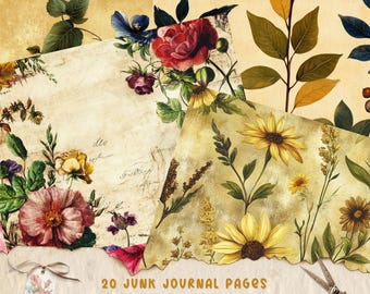 Vintage Botanical Junk Journal Kit, Printable Floral Pages for Scrapbooking, Journaling, Ephemera, and Mixed Media Crafts, Flower Journaling