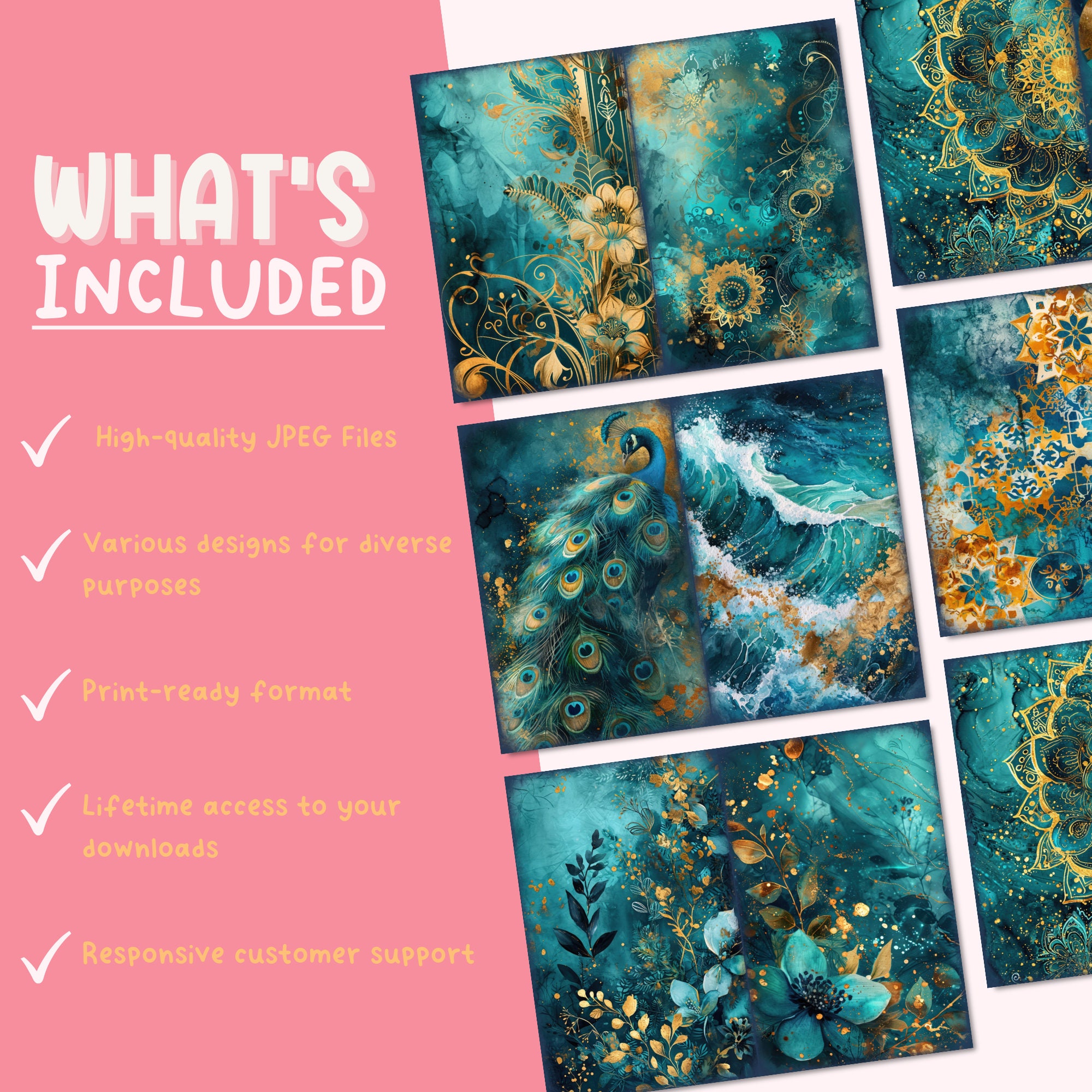 Teal and Gold Mixed Media Junk Journal Art Kit, Digital Papers ...