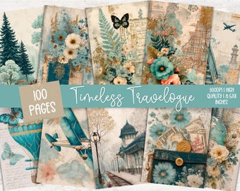 Puede incluir: Un conjunto de páginas de diario de estilo vintage con temática de viajes. Las páginas presentan ilustraciones de mariposas, aviones, mapas y flores en tonos turquesa, crema y dorado. El texto "Timeless Travelogue" y "100 Pages" es visible.