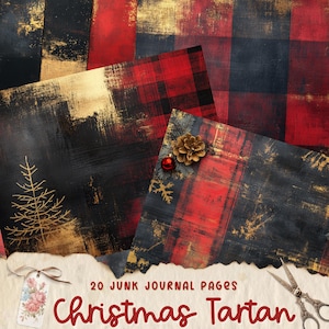 Páginas de diário de Natal Tartan Junk, papéis digitais, páginas de diário para impressão, cartões de scrapbook, artesanato em papel, tecidos Shabby Chic, plano de fundo