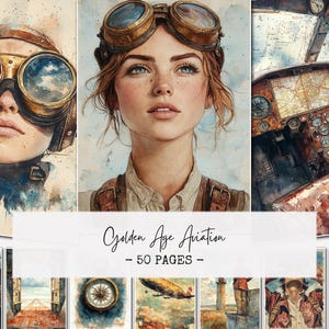 May include: Watercolor art prints featuring vintage aviation themes. The artwork includes portraits of pilots with goggles, aircraft interiors, and historical aviation scenes. The text "Golden Age Aviation - 50 Pages" is displayed across the bottom.