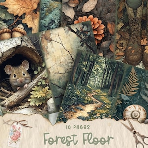 Páginas de diario basura del bosque encantado, hoja de collage imprimible, papel para álbum de recortes digital, kit de bosque oscuro, material efímero vintage, descarga de fantasía