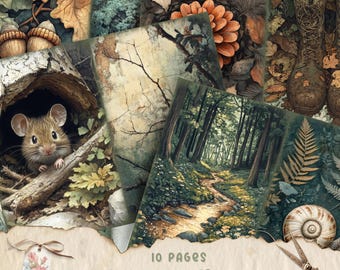Enchanted Forest Junk Journal Pages, Printable Collage Sheet, Digital Scrapbook Paper, Dark Woodland Kit, Vintage Ephemera, Fantasy Download