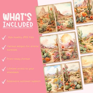 May include: A set of six digital watercolor illustrations featuring desert landscapes with cacti, mountains, and a sunset sky. The illustrations are in a vintage style with a warm color palette.