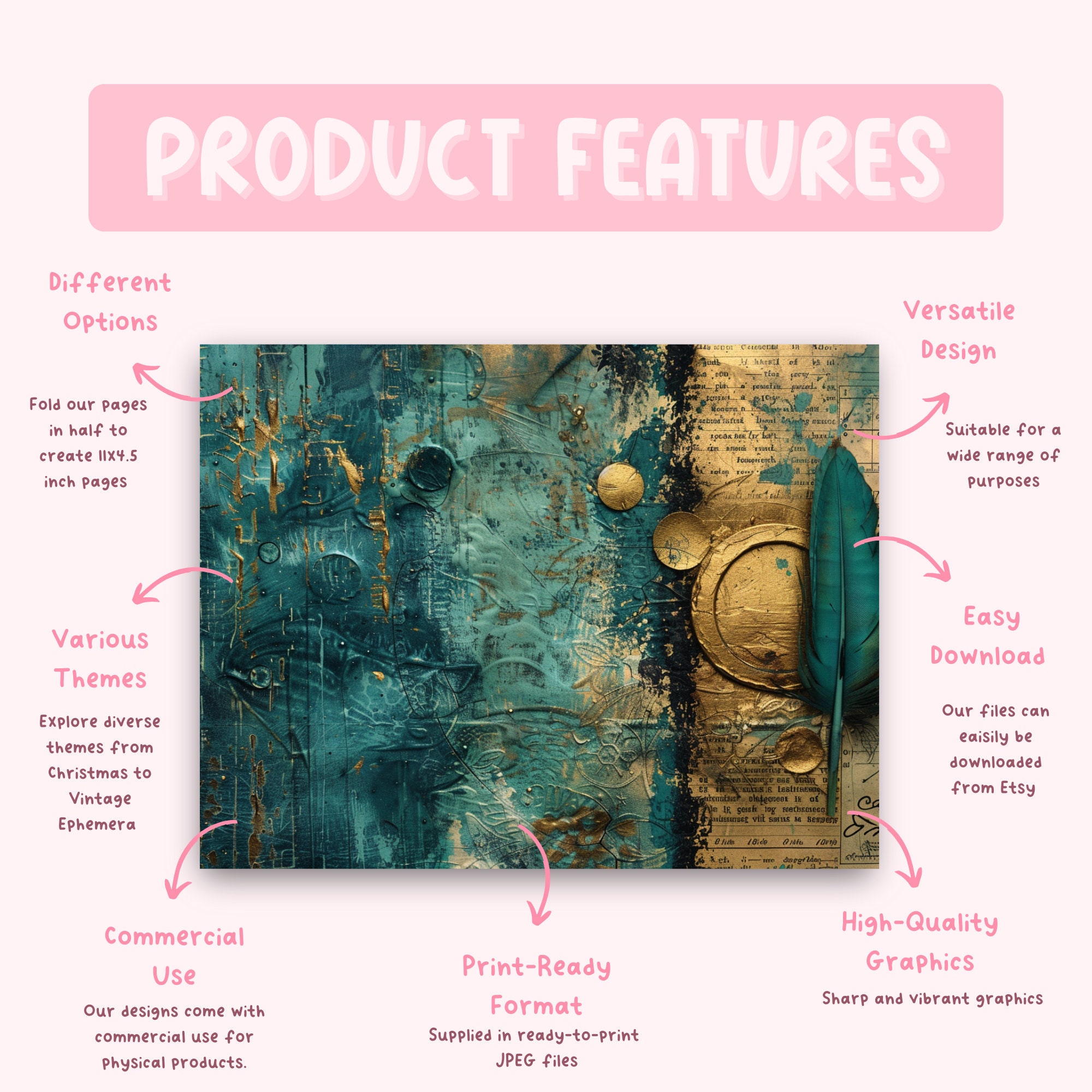 Teal and Gold Mixed Media Junk Journal Art Kit, Digital Papers ...