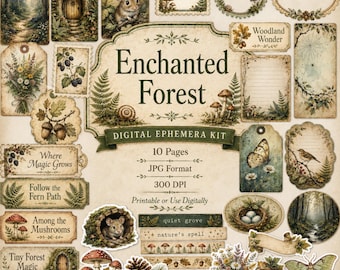 May include: A digital ephemera kit titled Enchanted Forest featuring various woodland-themed elements including tags, labels, and frames. The collection displays illustrations of mice, mushrooms, ferns, flowers, birds, butterflies, and boots in a vintage style.