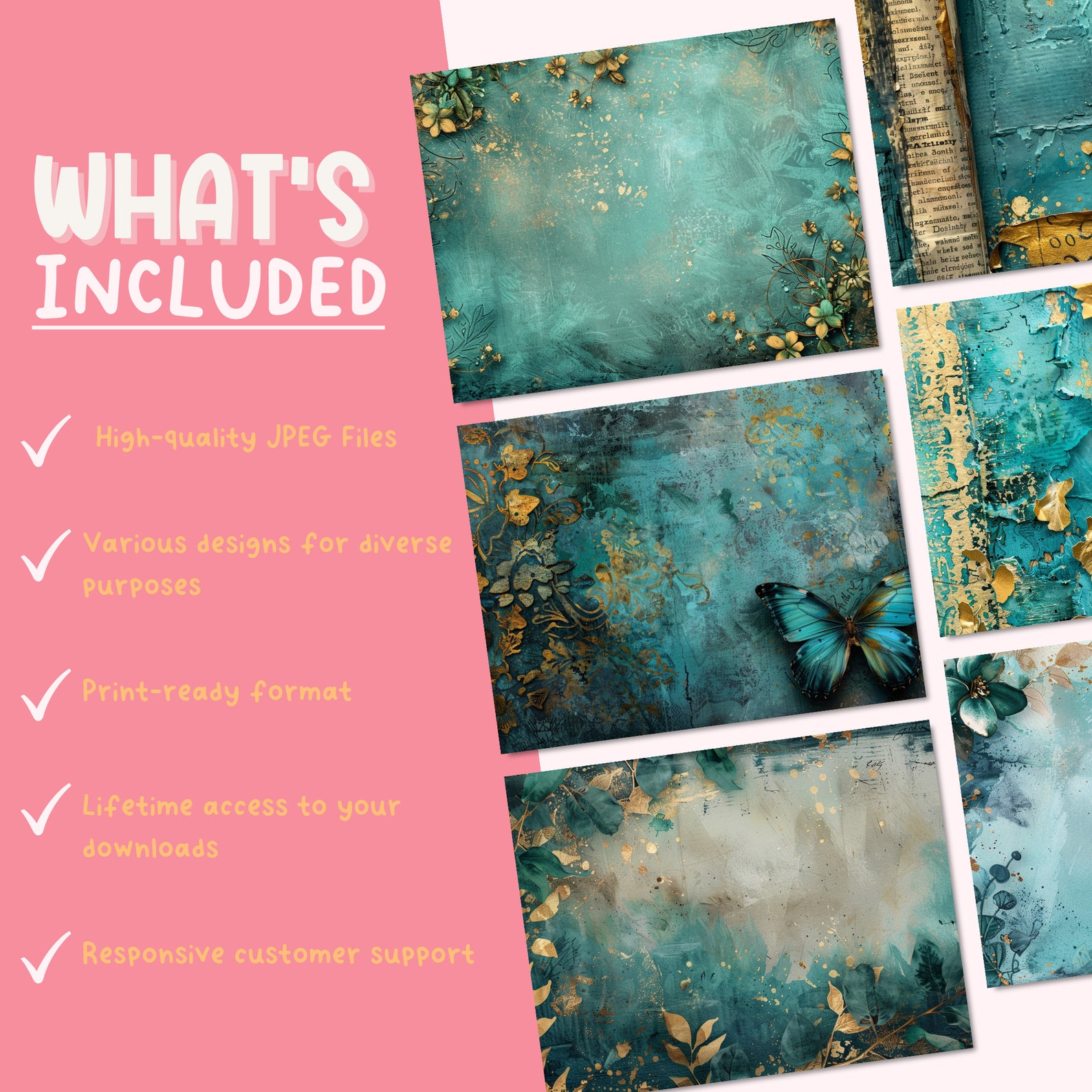 Teal and Gold Mixed Media Junk Journal Art Kit, Digital Papers ...