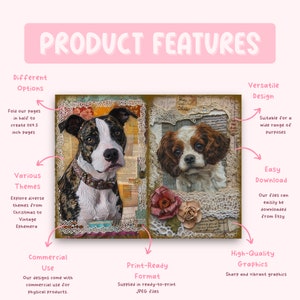 May include: Two digital illustrations of dogs, a brindle pit bull and a Cavalier King Charles Spaniel, in a vintage style with lace and floral accents. The illustrations are suitable for a variety of commercial uses, including physical products.