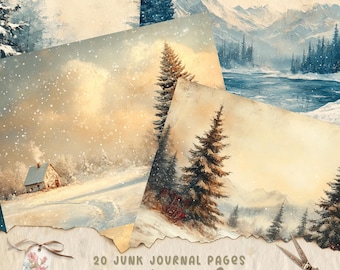 Winter Junk Journal Kit, Snow Collage Printable Journal Pages, Vintage Digital Paper for Scrapbooking, Christmas Background, Shabby Chic