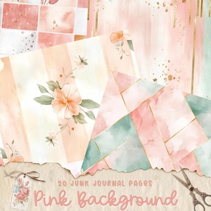 Pink Floral Junk Journal Kit, Watercolor Background Paper, Romantic Scrapbook Page, Digital Download for Journaling, Pink Printable Ephemera