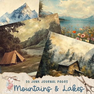 Pages imprimables du Mountain Junk Journal, kit de papier de scrapbooking numérique, feuille de collage, éphémères de la nature, papier artisanal du lac, chalet de camping à télécharger