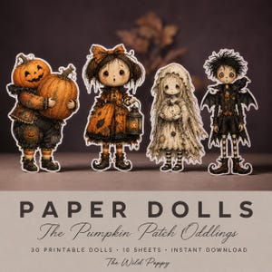 May include: Four paper dolls featuring Halloween-themed characters: a pumpkin-headed figure, a girl with a lantern, a ghost-like child, and a dark-haired character with wings. Text reads: PAPER DOLLS The Pumpkin Patch Oddlings 30 PRINTABLE DOLLS 10 SHEETS INSTANT DOWNLOAD The Wild Poppy.