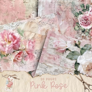 Paquete de páginas de diario basura con rosas rosas vintage, estilo shabby chic, kit de papel de diario imprimible, descarga digital, suministros para álbumes de recortes, papel para manualidades