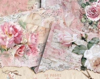 Vintage Pink Rose Junk Journal Page Bundle, Shabby Chic, Printable Journal Paper Kit, Digital Download, Scrapbook Supplies, Craft Paper