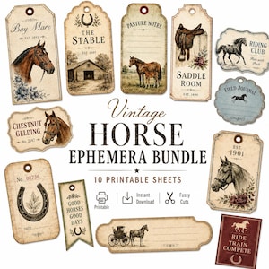 Puede incluir: Una colección de etiquetas de papel estilo vintage con ilustraciones de caballos, sillas de montar, graneros y carruajes. Los diseños incluyen textos como Bay Mare, The Stable, Pasture Notes, Saddle Room, Riding Club, Field Journal y Horse Ephemera Bundle.