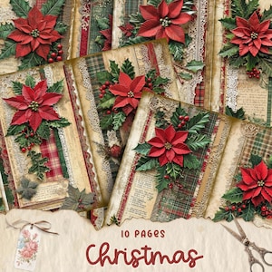 Christmas Florals Junk Journal Kit, Merry Christmas Junk Journal Pages, Santa Scene Junk Journal Printable Paper, Digital Collage Sheet
