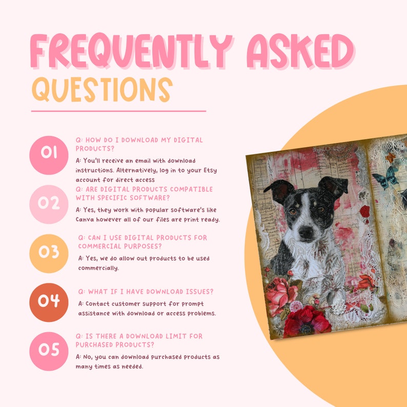 May include: A pink and orange graphic with a list of frequently asked questions about digital products. The questions and answers are numbered 1 through 5. The graphic features a cute cartoon dog with black and white fur.