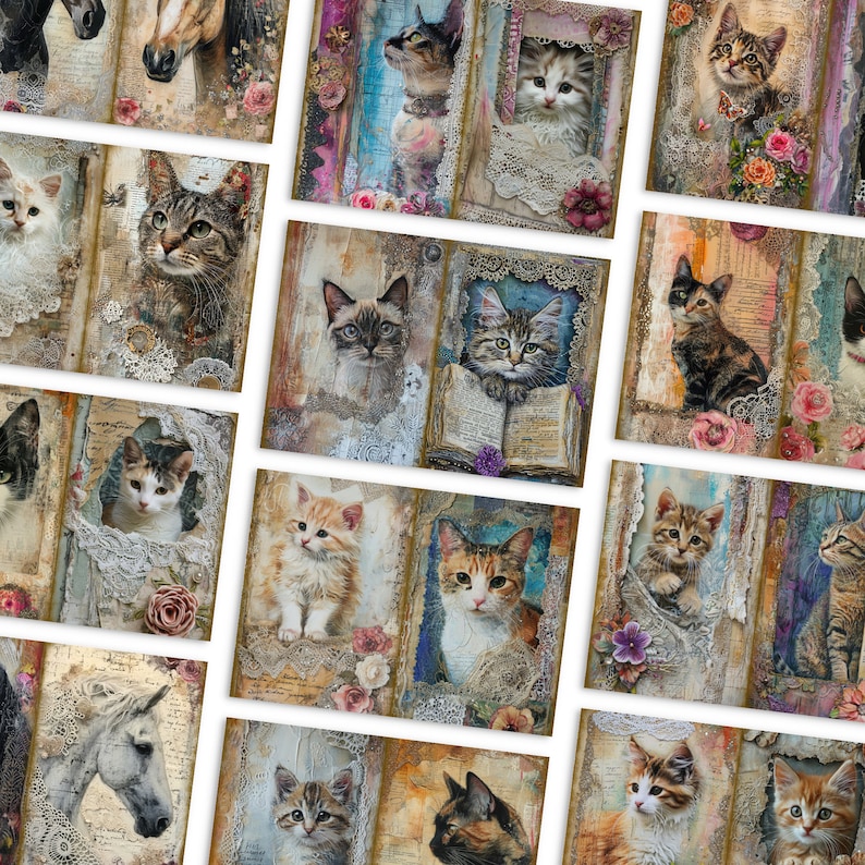 Op de afbeelding: Een collage van vintage-achtige afbeeldingen met katten in verschillende poses. De afbeeldingen zijn geplaatst tegen een achtergrond van kant, bloemen en andere decoratieve elementen. Sommige katten dragen halsbanden, terwijl anderen gewoon loungen of spelen. De afbeeldingen zijn allemaal in een warme, nostalgische kleurenpalet.