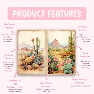 May include: A digital illustration of a desert landscape with cacti and flowers. The illustration is in a print-ready format and can be used for commercial purposes. The text "PRODUCT FEATURES" is at the top of the image.