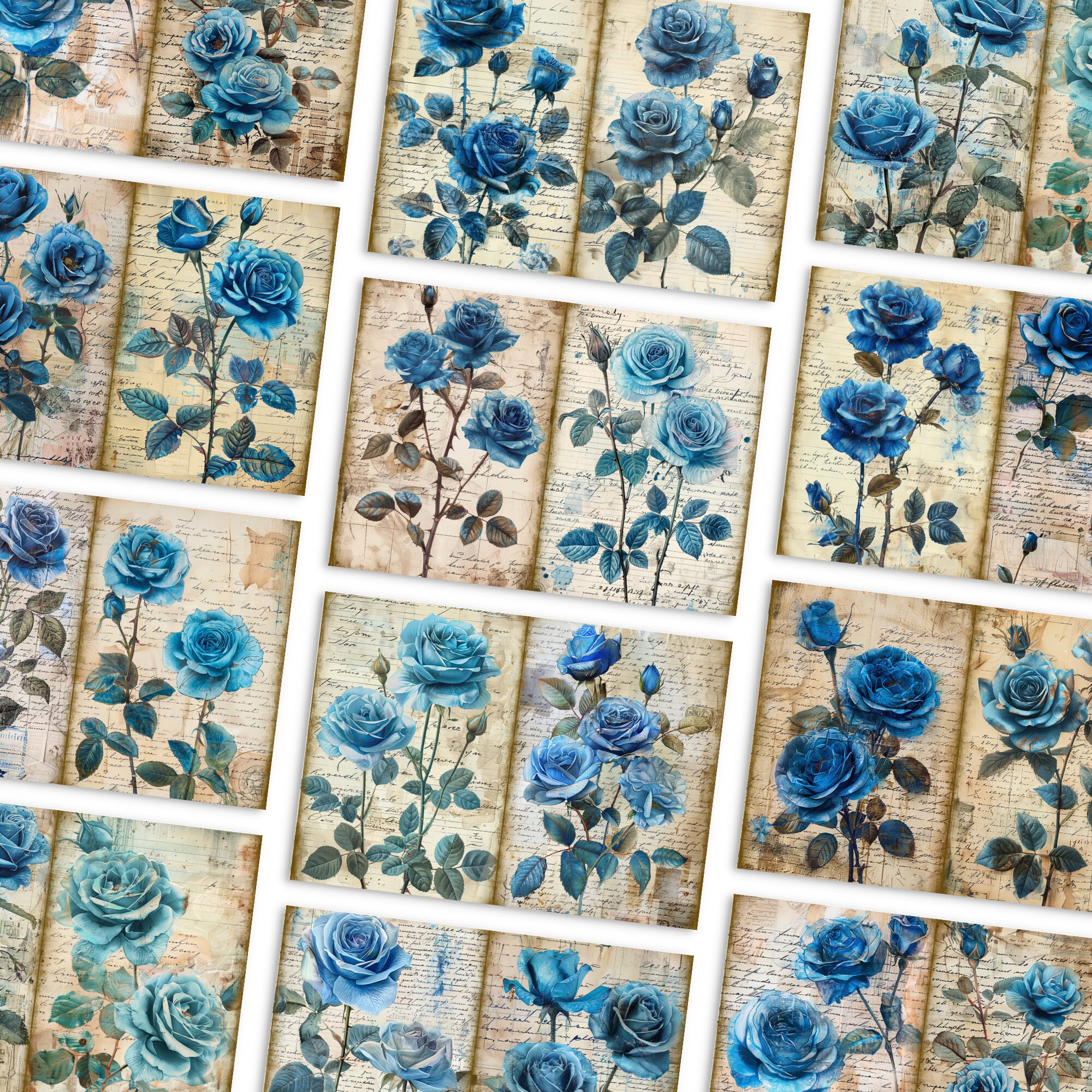 Blue Rose Junk Journal Pages,vintage Rose Digital Scrapbook Paper