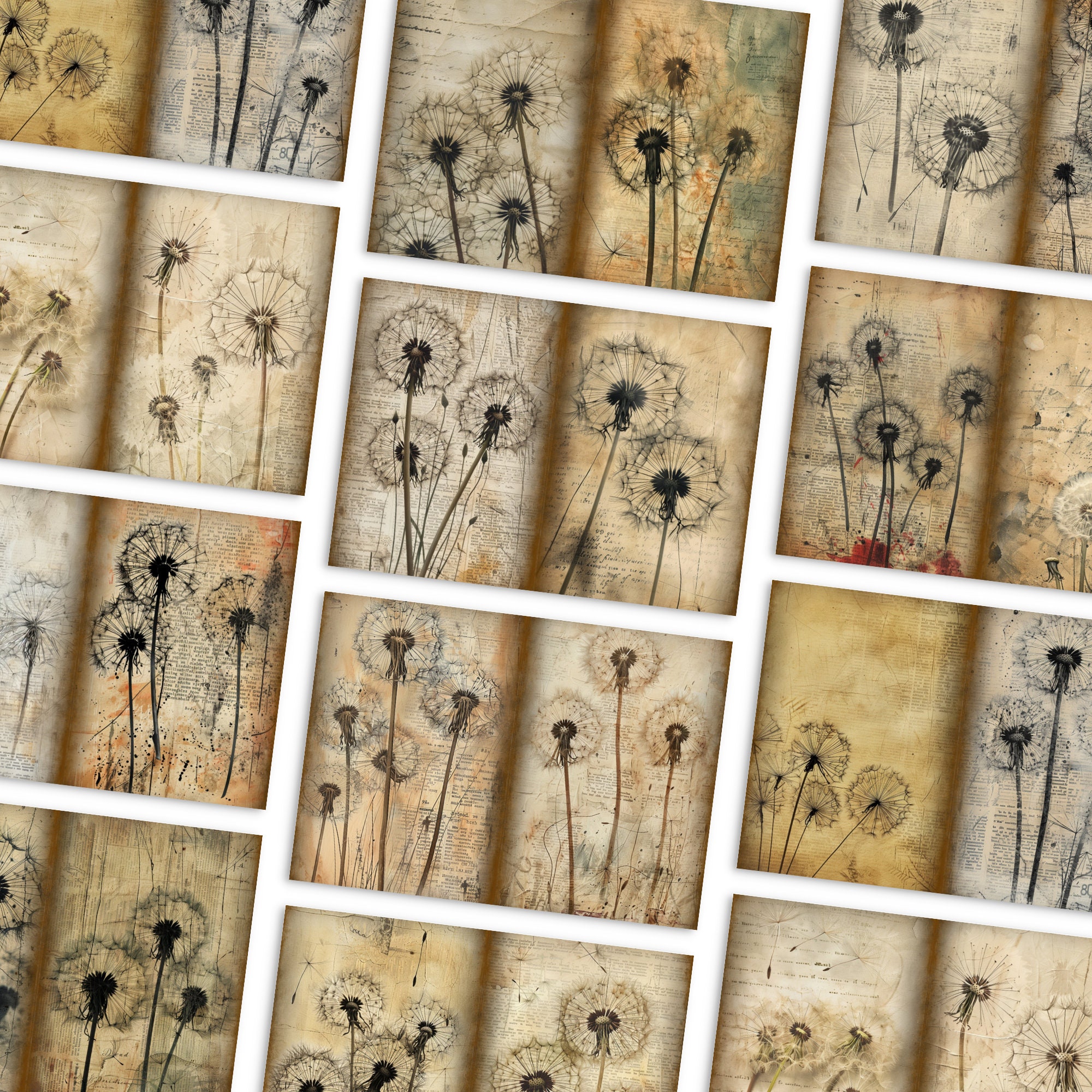 Dandelion Junk Journal Pages, Botanical Flower Digital Paper ...