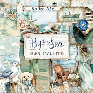 May include: A nautical-themed collage with the text "Salty Air" and "By the Sea Journal Kit." The design incorporates images of a ship, lighthouse, seashells, a seagull, a dog, and a woman in a dress. The colour scheme is predominantly blue, beige, and white.