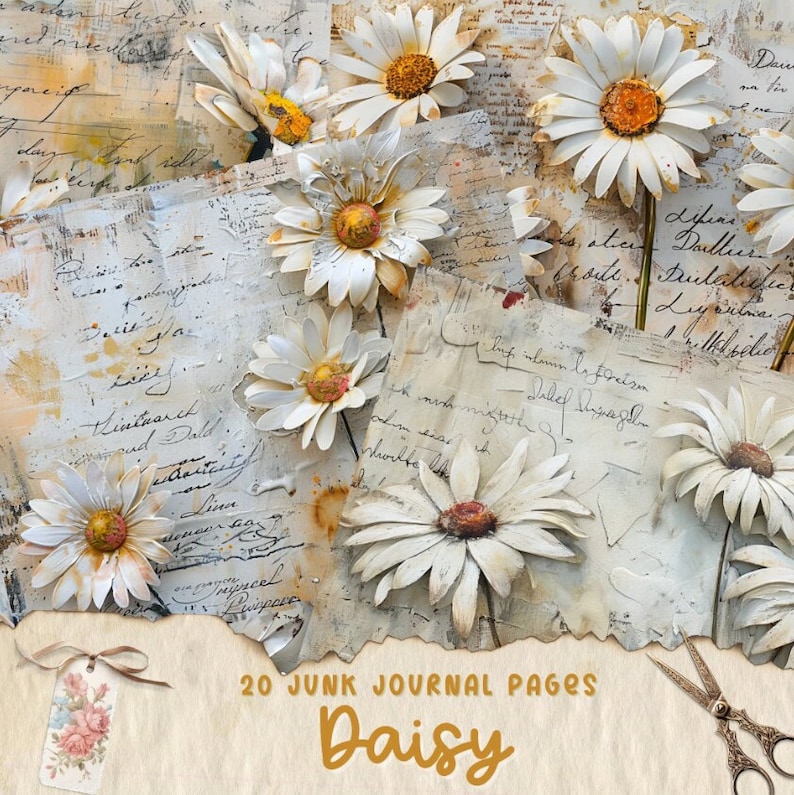 Vintage Daisy Junk Journal Pages, Digital Scrapbook Paper Kit, Floral ...