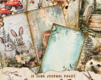 Grillige Forest Junk-dagboekpagina's, afdrukbaar collageblad, digitaal plakboek, Dark Woodland-kit, vintage ephemera, download van dieren