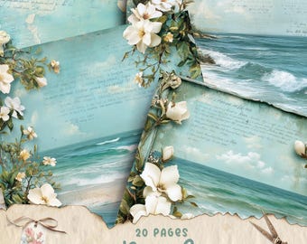 Coastal Junk Journal Pages, Digital Beach Themed Scrapbook Paper, Printable Coastal Collage Sheet, Vintage Nautical Junk Journal Kit