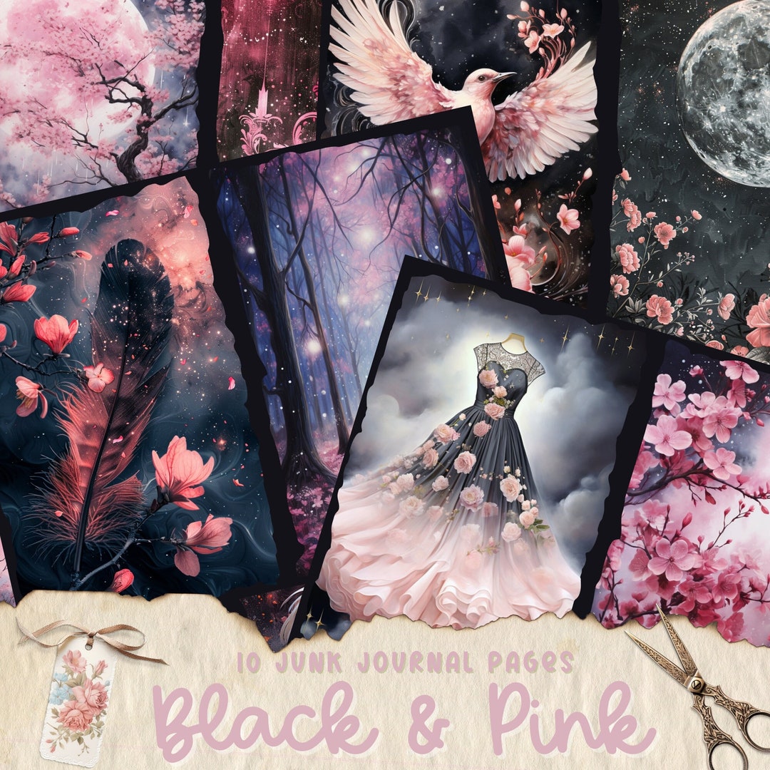 Black and Pink Mixed Media Junk Journal Art Kit, Digital Papers ...