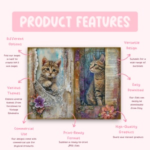 Op de afbeelding: Twee digitale collagebladen met kittens die uit vintage boekpagina's kijken. De bladen zijn ontworpen voor gebruik in planners, dagboeken en andere papierkunst. De afbeeldingen zijn van hoge kwaliteit en klaar om te printen.