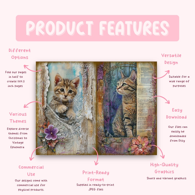 Op de afbeelding: Twee digitale collagebladen met kittens die uit vintage boekpagina's kijken. De bladen zijn ontworpen voor gebruik in planners, dagboeken en andere papierkunst. De afbeeldingen zijn van hoge kwaliteit en klaar om te printen.