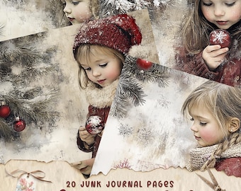 May include: 20 Junk Journal Pages with the text "Christmas Girl" in a vintage style font. The pages feature images of girls with red and white Christmas ornaments, a snowy background, and a Christmas tree.
