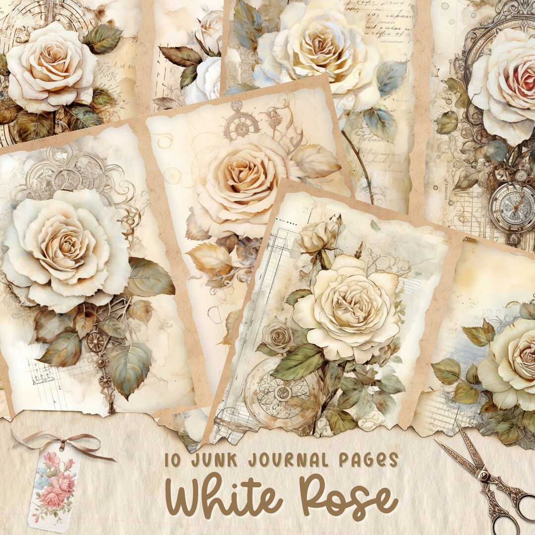 White Roses Junk Journal Pages, Digital Scrapbook Paper Kit, Floral ...