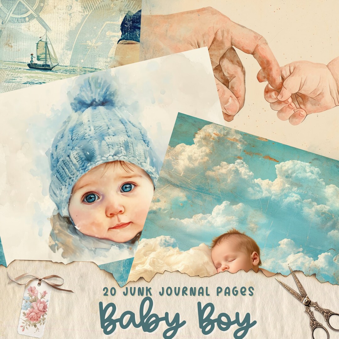 Vintage Baby Boy Junk Journal, Baby Boy Stickers, Junk Journal Supplies