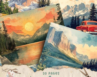 Kit de diario basura con paisajes, papel imprimible para diario basura, hoja de collage digital, páginas de diario basura vintage, imágenes digitales para álbumes de recortes