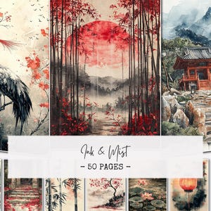 Op de afbeelding: Een verzameling aquarelprints met Japanse landschappen. De prints tonen scènes met een kraanvogel, bamboebossen, tempels en kersenbloesems. Het kleurenpalet omvat rode, zwarte en grijze tinten, met de tekst "Ink & Mist - 50 Pages".