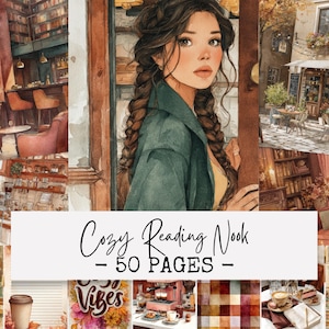May include: A watercolour illustration with a cosy theme. The image features a woman with plaits, a coffee shop, and a library. Text on the image reads "Cozy Reading Nook - 50 Pages". The colour palette includes warm tones of brown, orange, and green.