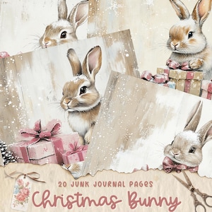 Páginas de diario basura de conejito navideño, descarga digital, álbum de recortes, imprimible, kit digital de diario basura vintage, diario, conejo, feliz Navidad