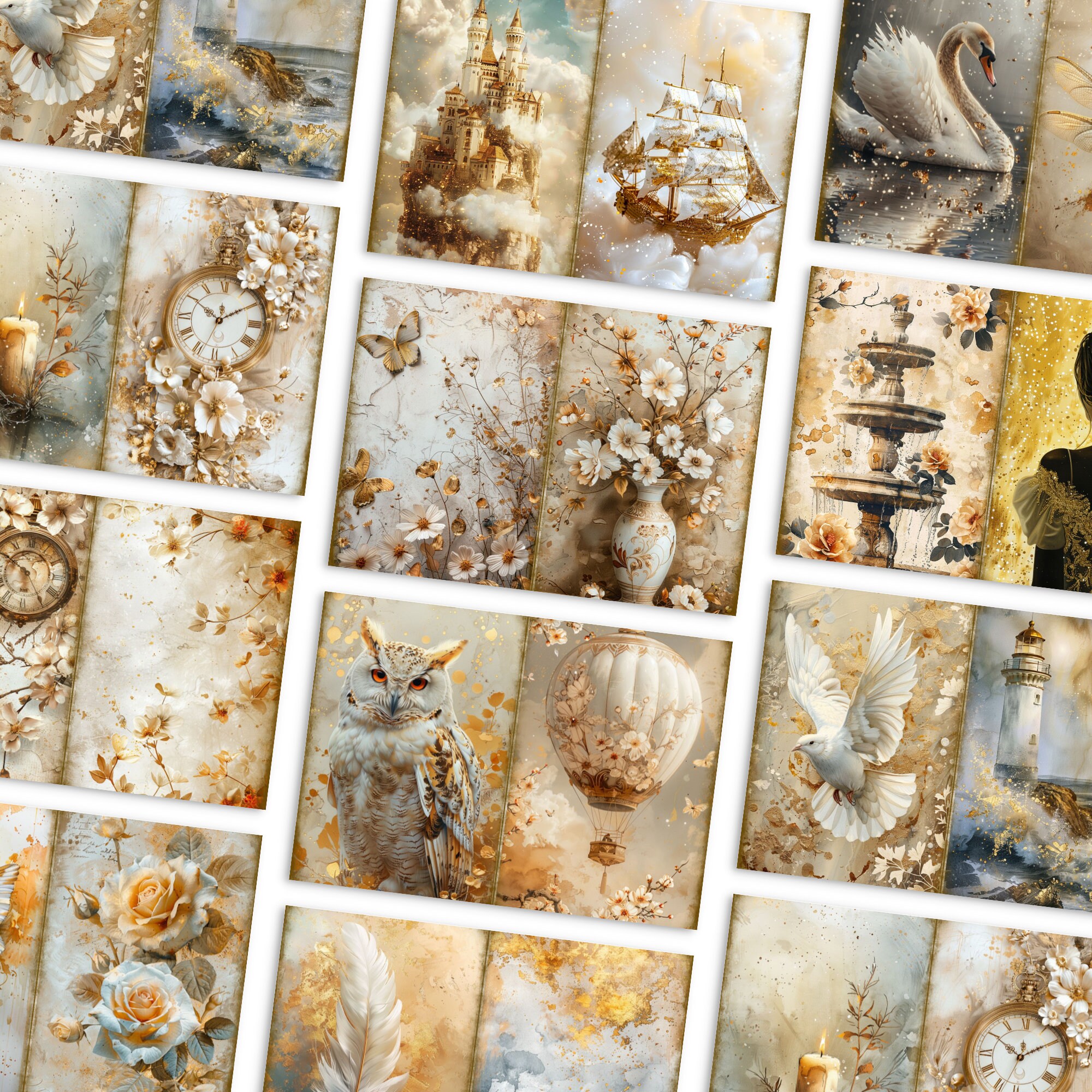 White and Gold Mixed Media Junk Journal Art Kit, Digital Papers ...