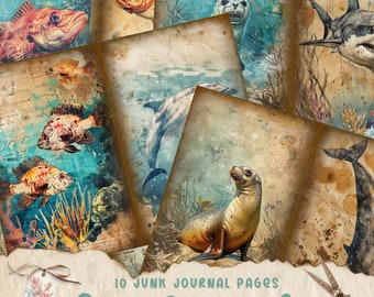 Ocean Animal Junk Journal Bundle, Background Paper, Digital Paper, Printable, Underwater Journal Kit, Sea, Coastal, Animal Pages, Dolphin