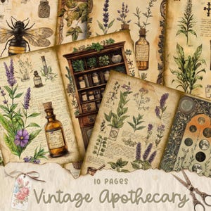 Kit de Diário de Jardim de Boticário Vintage | Download Digital | Páginas de Ervas Botânicas | Objetos Efémeros para Imprimir | Diário de Herbalista