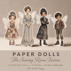 Könnte beinhalten: Vier Papierpuppen mit Feenflügeln in verschiedenen Outfits, darunter ein Patchwork-Kleid, ein langes graues Kleid, eine dunkle Jacke mit Rock und ein strukturierter Anzug. Text: PAPER DOLLS The Sewing Room Fairies 30 PRINTABLE DOLLS 10 SHEETS INSTANT DOWNLOAD The Wild Poppy.