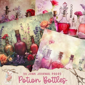 Puede incluir: 20 páginas de diario de chatarra con botellas de poción. Un collage de papeles digitales con botellas de poción de estilo vintage, acentos florales y un fondo de acuarela.