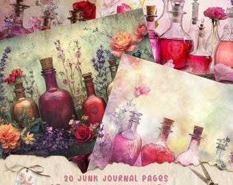Potion Bottles Junk Journal, Digital Scrapbook Paper Kit, Blank Printable, Botanical Collage Sheet, Vintage Ephemera, Apothecary, Download