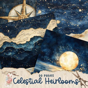 Celestial Heirlooms Junk Journal-pagina's – magische vintage-geïnspireerde printables met sterrenhemel met hemelse kaarten, runen en betoverde ephemera
