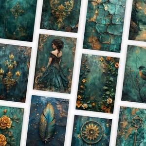 Emerald and Gold Mixed Media Junk Journal Half Pages, Digital Papers ...