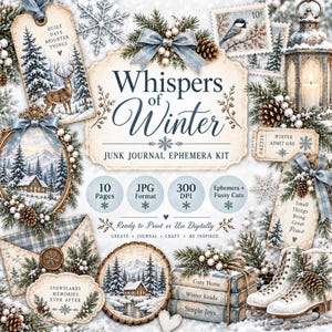May include: A digital junk journal ephemera kit titled Whispers of Winter featuring winter-themed elements including tags, a lantern, ice skates, pinecones, evergreen branches, and snowy landscapes with text elements like Quiet Days Brighter Things.