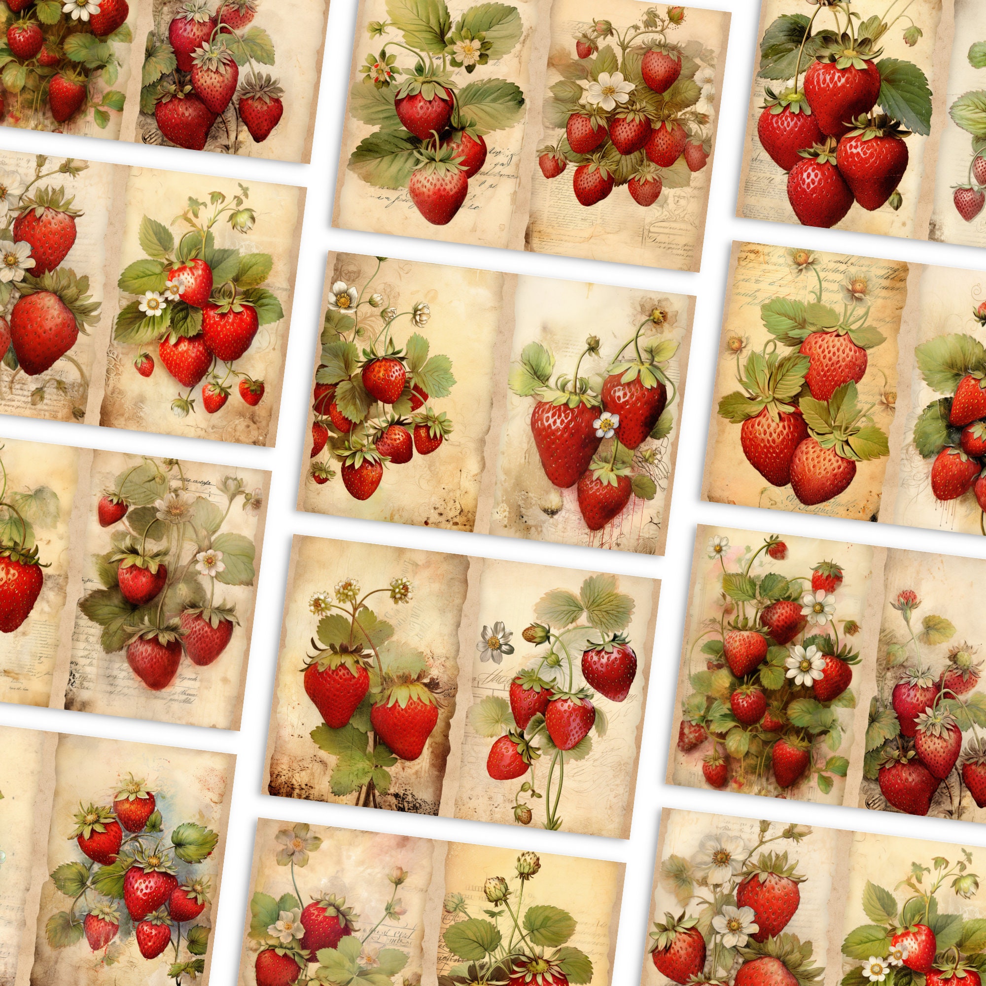 Strawberries Junk Journal Pages, Digital Scrapbook Paper Kit
